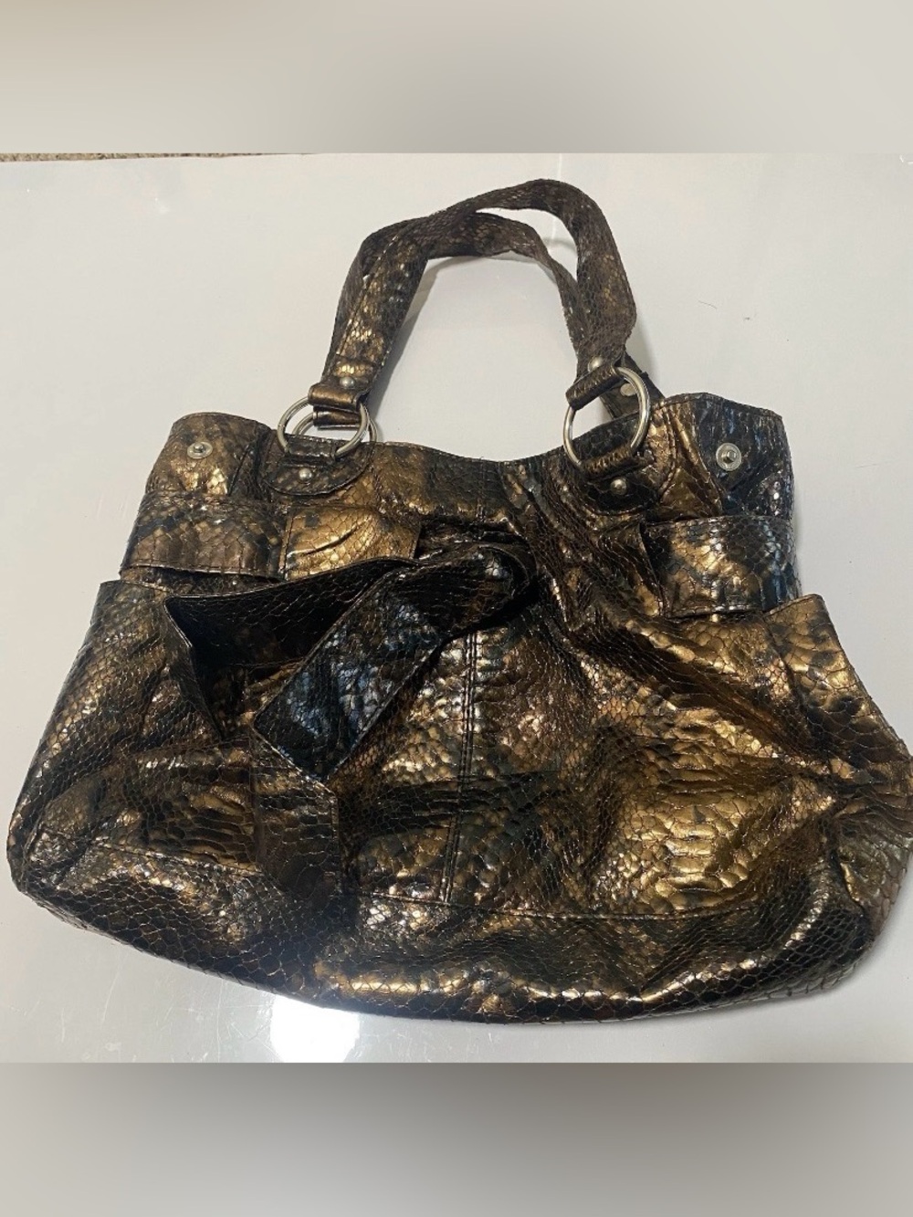 Y2K Chateau Metallic Bronze Snakeskin Print Hobo Shoulder Bag